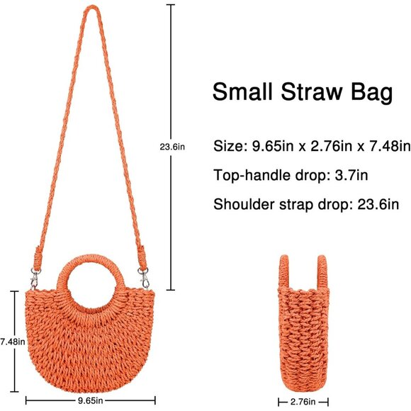 Woven Straw Beach Bag for Womem Top Handle Orange Crossbody and Shoulder Strap - Picture 6 of 6